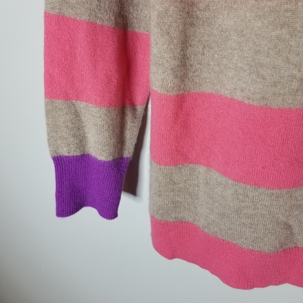 Garnet Hill Cashmere Sweater V Neck Sweater Pink Stripe Contrasting Cuffs XS - Picture 3 of 6